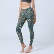 Foviel Grün Nähen Blumen Reben Muster Drucken Gym Leggings Damen Yoga Hose