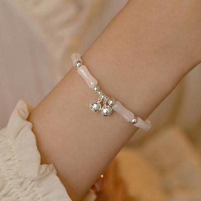 Foviel 925 Sterling Silber Natürlich Weiß Jade Bambus Bell Charm Glücksbringer Armband