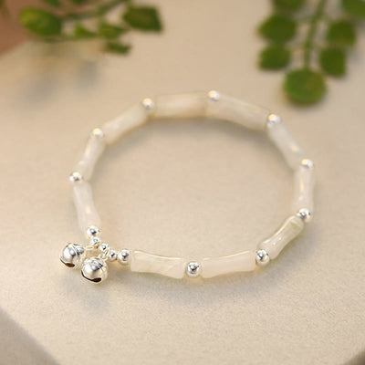 Foviel 925 Sterling Silber Natürlich Weiß Jade Bambus Bell Charm Glücksbringer Armband