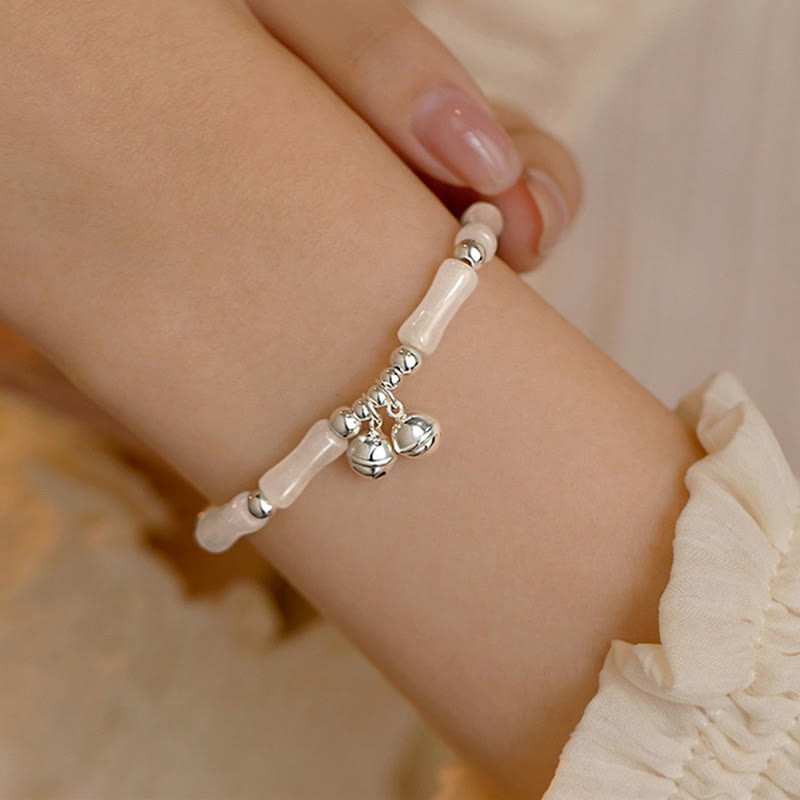Foviel 925 Sterling Silber Natürlich Weiß Jade Bambus Bell Charm Glücksbringer Armband