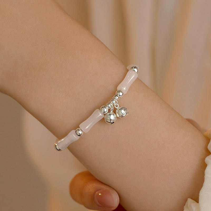Foviel 925 Sterling Silber Natürlich Weiß Jade Bambus Bell Charm Glücksbringer Armband