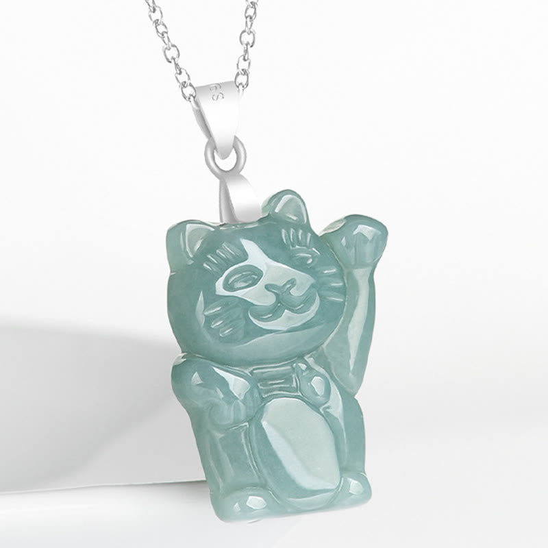 Buddha Stones Natural Jade Lucky Cat Abundance Titanium Steel Necklace Pendant - image 2