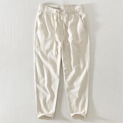 Pantalon décontracté d'été Foviel pour homme en ramie et lin avec cordon de serrage et poches