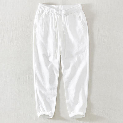 Pantalon décontracté d'été Foviel pour homme en ramie et lin avec cordon de serrage et poches