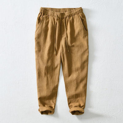 Pantalon décontracté d'été Foviel pour homme en ramie et lin avec cordon de serrage et poches
