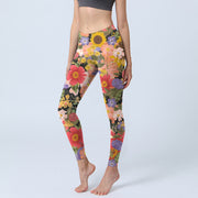 Foviel Sonnenblumen Rosa Lila Blumen Drucken Sport Fitness Leggings Damen Yogahosen