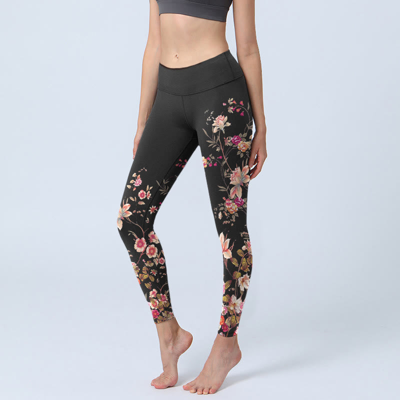 Buddha Stones Pink Roses Beige Flowers Print Gym Fitness Leggings Women's Yoga Pants - Black - US18，UK/AU22，EU50 (4XL) - image 1