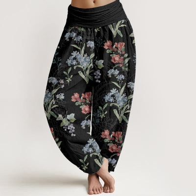 Buddha Stones Red Blue Flowers Green Leaves Design Women's Elastic Waist Harem Pants - Black - US22，UK/AU26，EU54 (6XL) - image 5