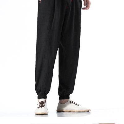 Foviel Casual Solid Color Drawstring Linen Men's Pants With Pockets