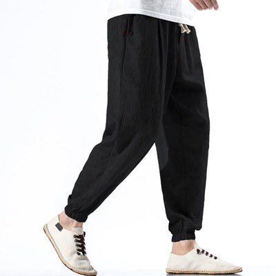 Foviel Casual Solid Color Drawstring Linen Men's Pants With Pockets