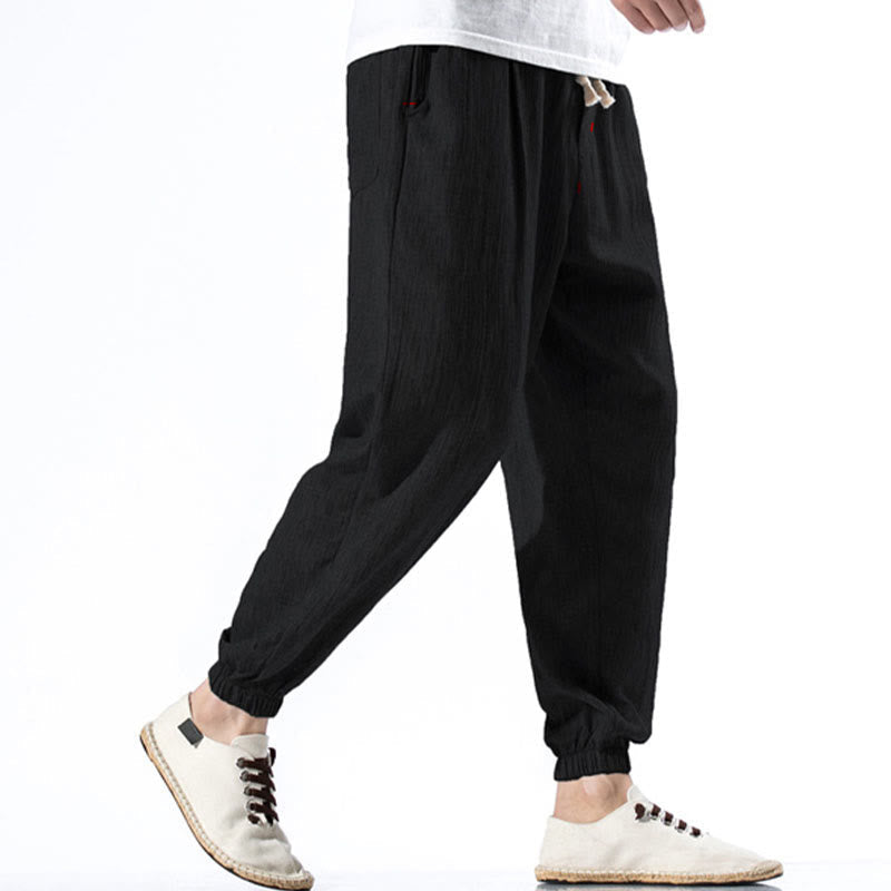 Foviel Casual Solid Color Drawstring Linen Men's Pants With Pockets