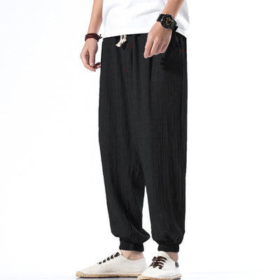 Foviel Casual Solid Color Drawstring Linen Men's Pants With Pockets
