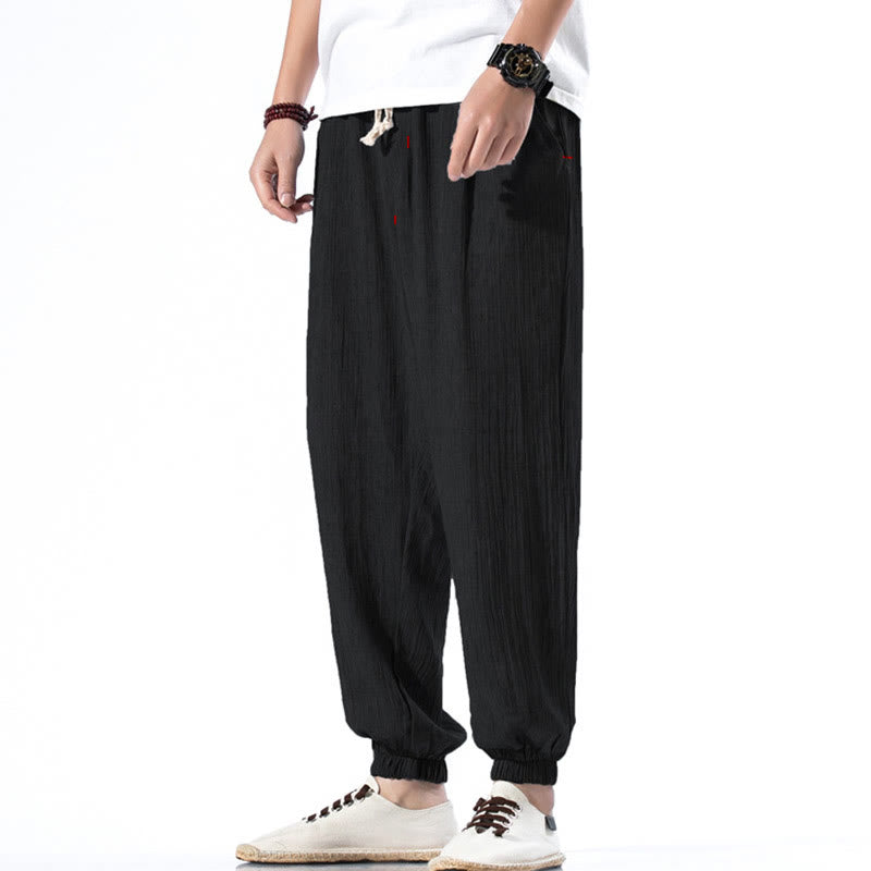Foviel Casual Solid Color Drawstring Linen Men's Pants With Pockets