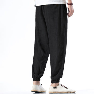 Foviel Casual Solid Color Drawstring Linen Men's Pants With Pockets