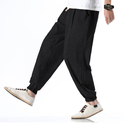 Foviel Casual Solid Color Drawstring Linen Men's Pants With Pockets