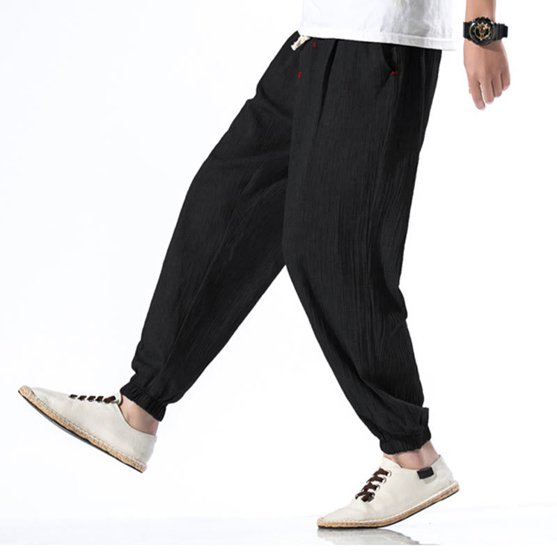 Foviel Casual Solid Color Drawstring Linen Men's Pants With Pockets
