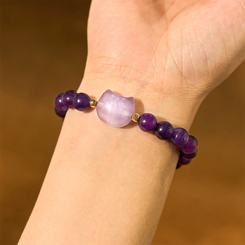 Foviel Amethyst Green Aventurine Rose Quartz Fluorite Cat Head Balance Luck Bracelet