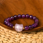 Foviel Amethyst Green Aventurine Rose Quartz Fluorite Cat Head Balance Luck Bracelet
