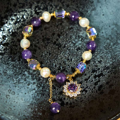Foviel Natural Amethyst Pearl Sunflower Communication Bracelet