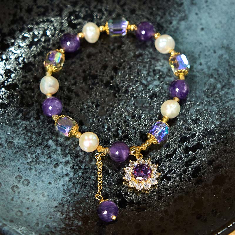 Foviel Natural Amethyst Pearl Sunflower Communication Bracelet