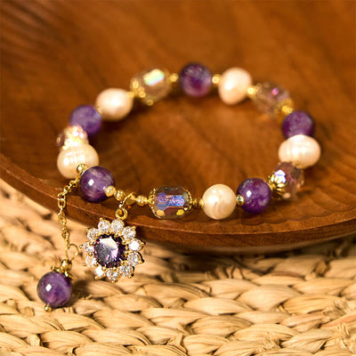 Foviel Natural Amethyst Pearl Sunflower Communication Bracelet