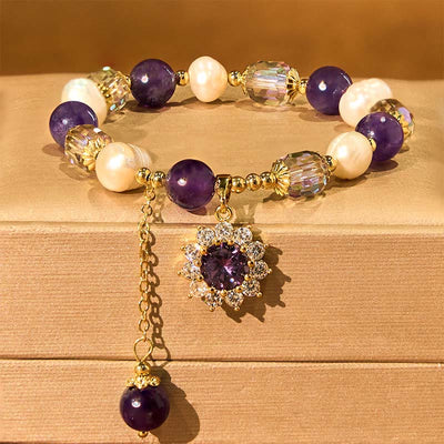 Foviel Natural Amethyst Pearl Sunflower Communication Bracelet