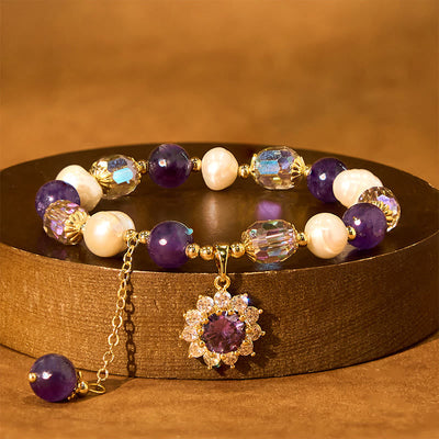 Foviel Natural Amethyst Pearl Sunflower Communication Bracelet