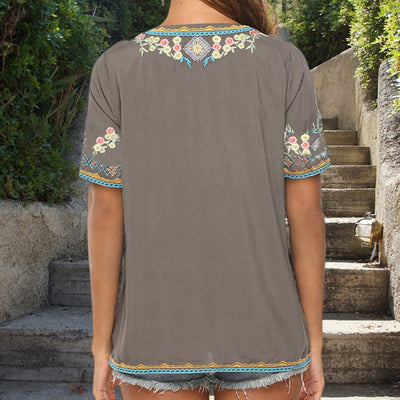 Buddha Stones Embroidery Flower Design Short Sleeve V-neck Women's T-Shirt - image 2
