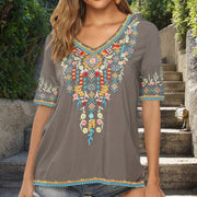 Foviel Stickerei Blume Design Kurzer Ärmel V-Ausschnitt Damen T-Shirt