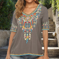 Buddha Stones Embroidery Flower Design Short Sleeve V-neck Women's T-Shirt - LightSlateGray - US12，UK/AU16，EU44 (3XL) - image 0