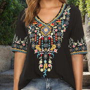 Foviel Embroidery Flower Design Short Sleeve V-neck Women's T-Shirt