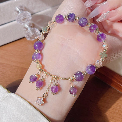 Foviel Natürliche Amethyst Vier Blatt Clover Star Peace Armband