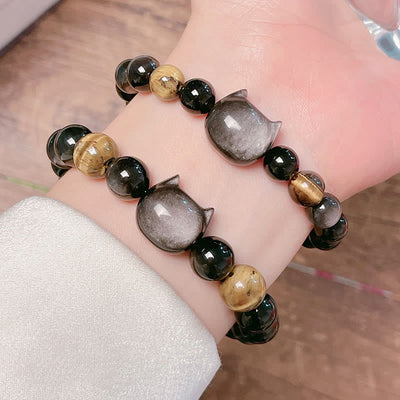 Foviel Natürlich Silber Sheen Obsidian Perlen Niedlich Katze Beruhigende Armband