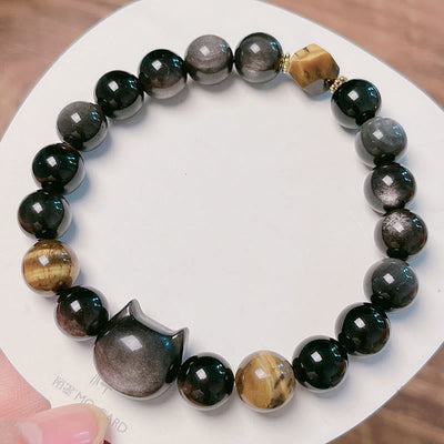 Foviel Natürlich Silber Sheen Obsidian Perlen Niedlich Katze Beruhigende Armband