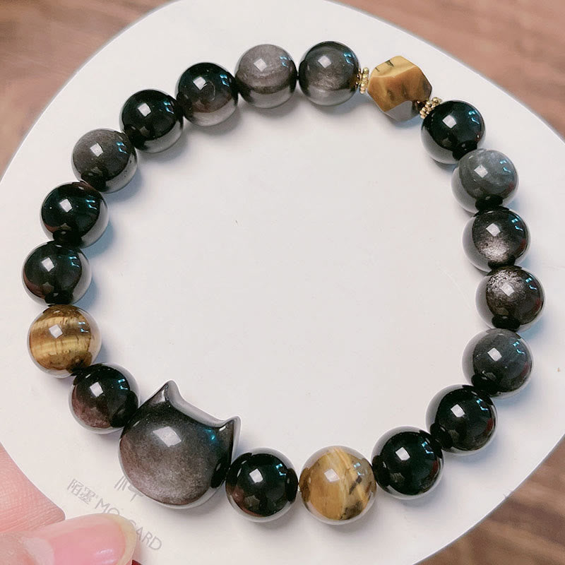 Foviel Natürlich Silber Sheen Obsidian Perlen Niedlich Katze Beruhigende Armband