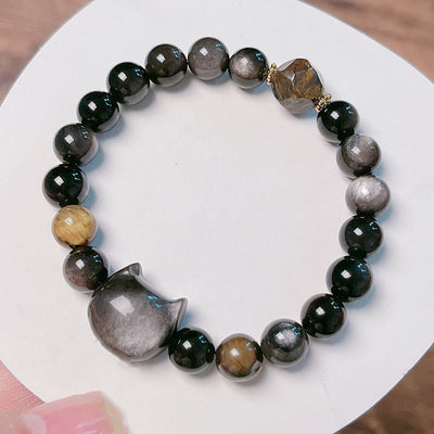 Foviel Natürlich Silber Sheen Obsidian Perlen Niedlich Katze Beruhigende Armband