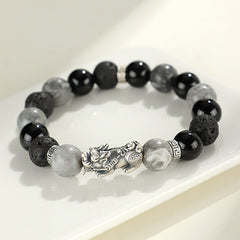 Foviel 999 Sterling Silver PiXiu Black Onyx Grey Jasper Lava Rock Protection Bracelet
