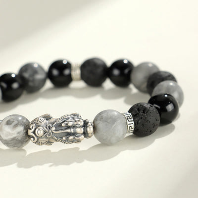 Foviel 999 Sterling Silver PiXiu Black Onyx Grey Jasper Lava Rock Protection Bracelet
