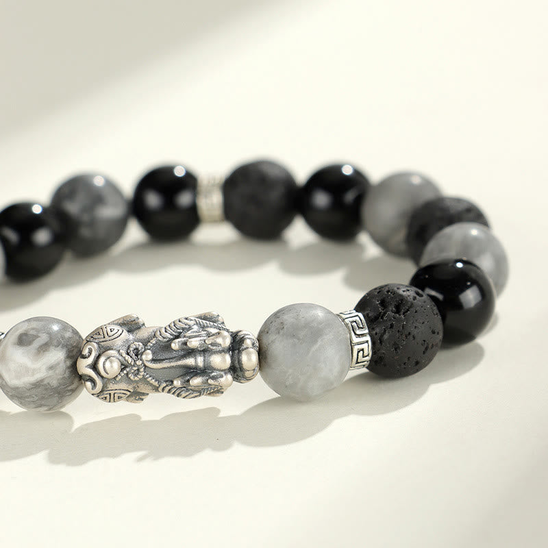 Foviel 999 Sterling Silver PiXiu Black Onyx Grey Jasper Lava Rock Protection Bracelet