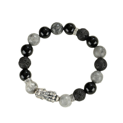 Foviel 999 Sterling Silver PiXiu Black Onyx Grey Jasper Lava Rock Protection Bracelet
