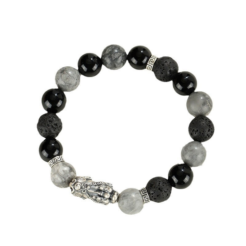 Foviel 999 Sterling Silver PiXiu Black Onyx Grey Jasper Lava Rock Protection Bracelet
