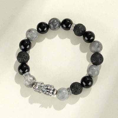 Foviel 999 Sterling Silver PiXiu Black Onyx Grey Jasper Lava Rock Protection Bracelet
