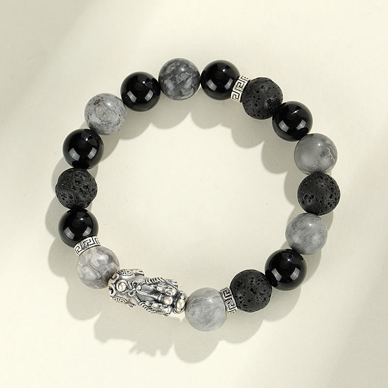 Foviel 999 Sterling Silver PiXiu Black Onyx Grey Jasper Lava Rock Protection Bracelet