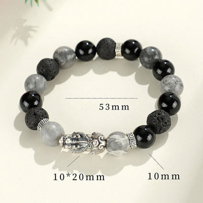 Foviel 999 Sterling Silver PiXiu Black Onyx Grey Jasper Lava Rock Protection Bracelet