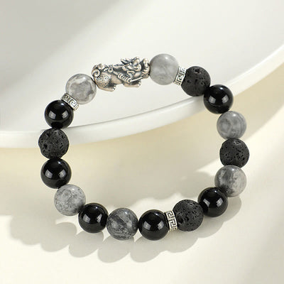 Foviel 999 Sterling Silver PiXiu Black Onyx Grey Jasper Lava Rock Protection Bracelet