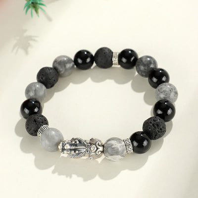 Foviel 999 Sterling Silver PiXiu Black Onyx Grey Jasper Lava Rock Protection Bracelet