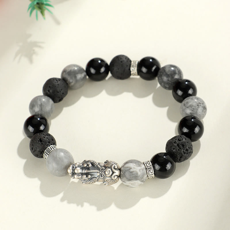 Foviel 999 Sterling Silver PiXiu Black Onyx Grey Jasper Lava Rock Protection Bracelet