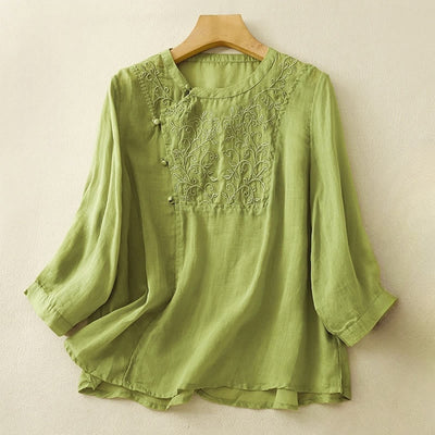 Buddha Stones Plain Frog-Button Embroidery Vine Long Sleeve Slanted Collar Cotton Linen Women's Shirt - LimeGreen - US8-10，UK/AU12-14，EU40-42 (2XL) - image 8