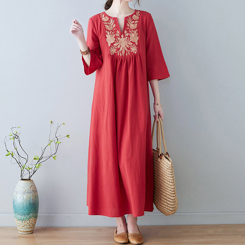 Buddha Stones Casual Bohemia Embroidery Floral Simple Design Three Quarter Sleeve V-Neck Cotton Linen Maxi Dress - image 14