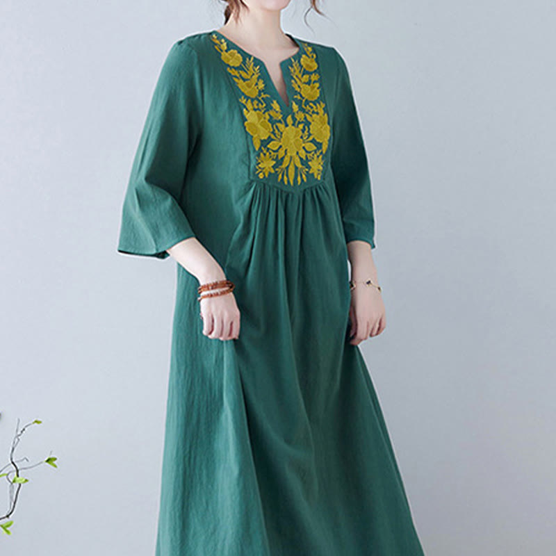 Buddha Stones Casual Bohemia Embroidery Floral Simple Design Three Quarter Sleeve V-Neck Cotton Linen Maxi Dress - image 21